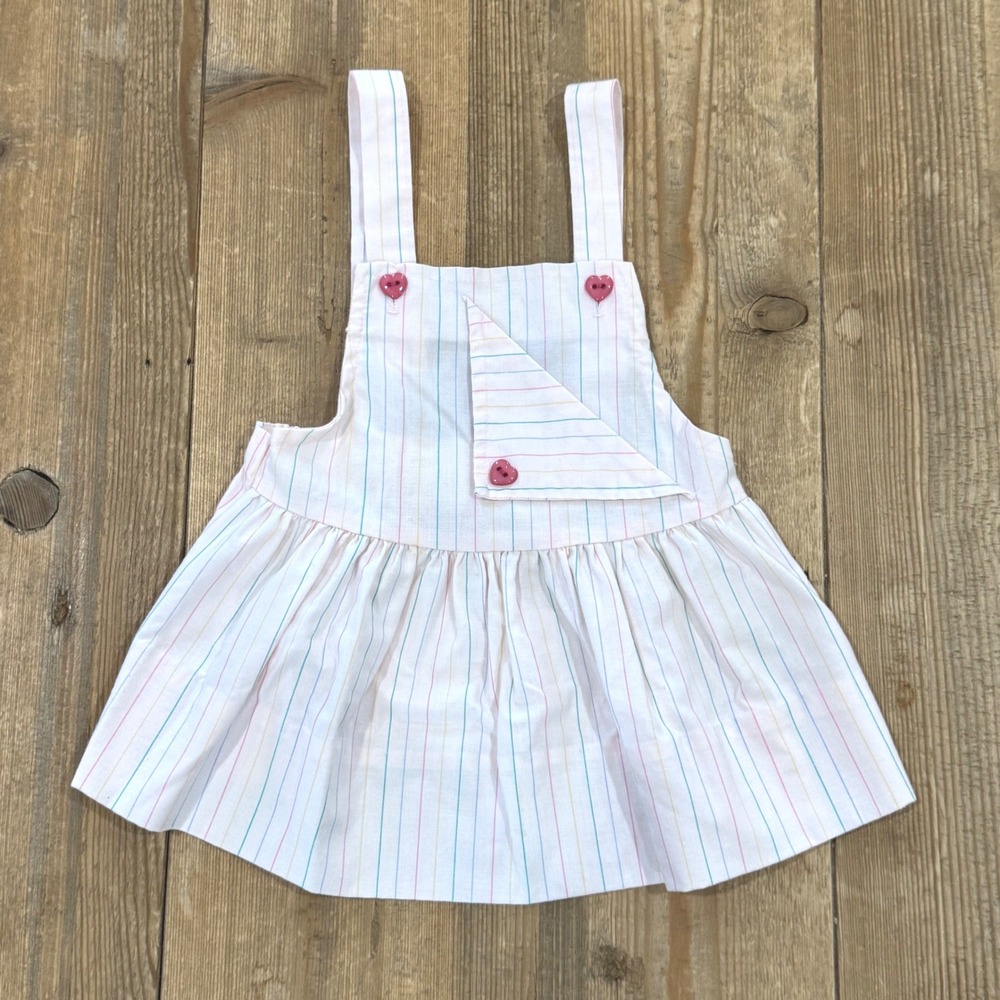Vintage Rainbow Stripe Pinafore Overall Dress Heart Buttons 2T USA New York Kids